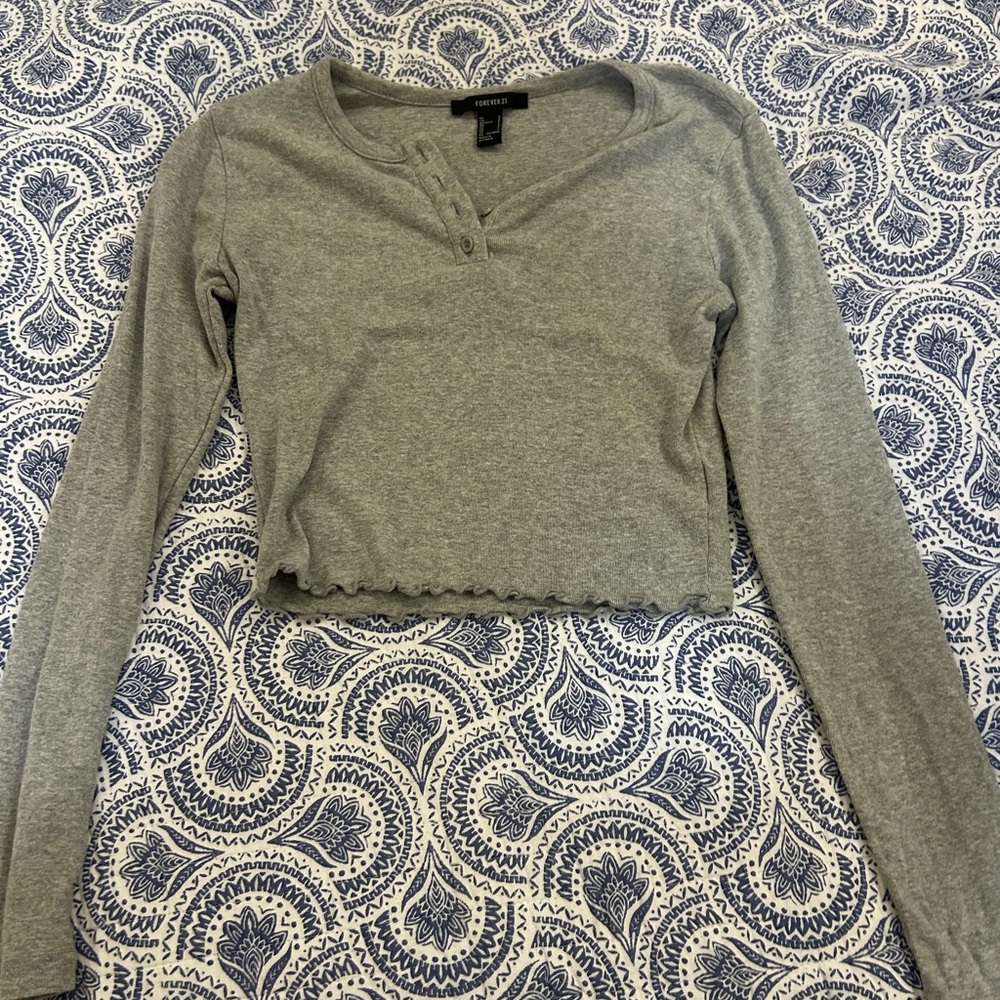Forever 21 Grey Polo Collar Fitted Crop Blouse Long Sleeve